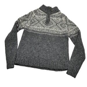 Inis Crafts Sweater Womens M Gray Wool Fair Isle 1/4 Zip Mock Neck Chunky Knit